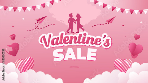 Valentine's Day sale banner with cute couple and heart decorations