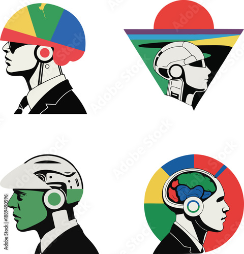 Four stylized human heads with futuristic headgear and colorful brain illustrations