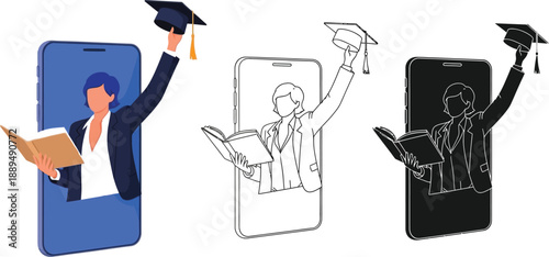 A graduate celebrating with a book and cap on a smartphone screen