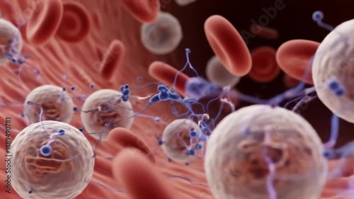 Close-up view of red and white blood cells flowing through a vein, illustrating human biology and health.