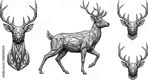 Geometric deer illustrations in black and white polygonal style