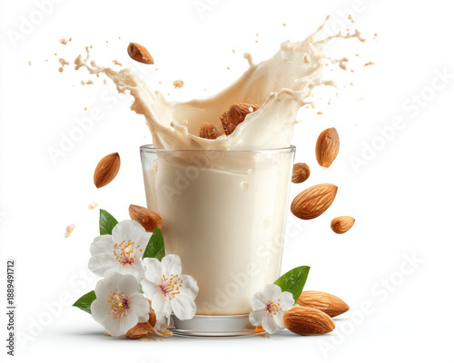 Glass of milk splashes with almonds and flowers surrounding it, creating refreshing and vibrant scene. dynamic motion of milk adds energetic feel, while almonds and flowers enhance natural