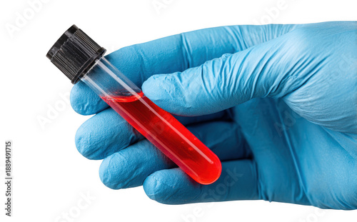 Hand in blue medical glove holds test tube filled with red liquid, symbolizing laboratory work and medical testing. image conveys sense of precision and care in scientific procedures