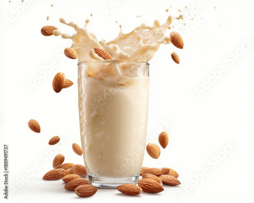 Creamy milk splashes from glass surrounded by almonds, creating dynamic and refreshing scene. vibrant contrast highlights deliciousness of this nutty beverage