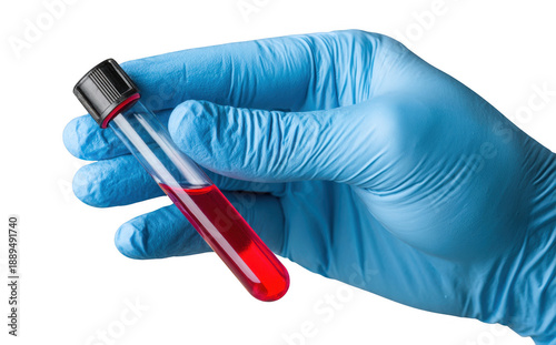Hand in blue medical glove holds test tube filled with red liquid, symbolizing laboratory work and medical testing. image conveys sense of precision and care in scientific procedures