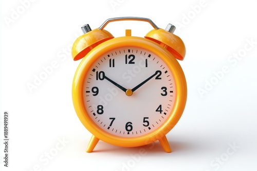 Bright orange twin-bell alarm clock with chrome handle, black hands and arabic numerals on white background showing ten ten, cheerful morning wake-up mood