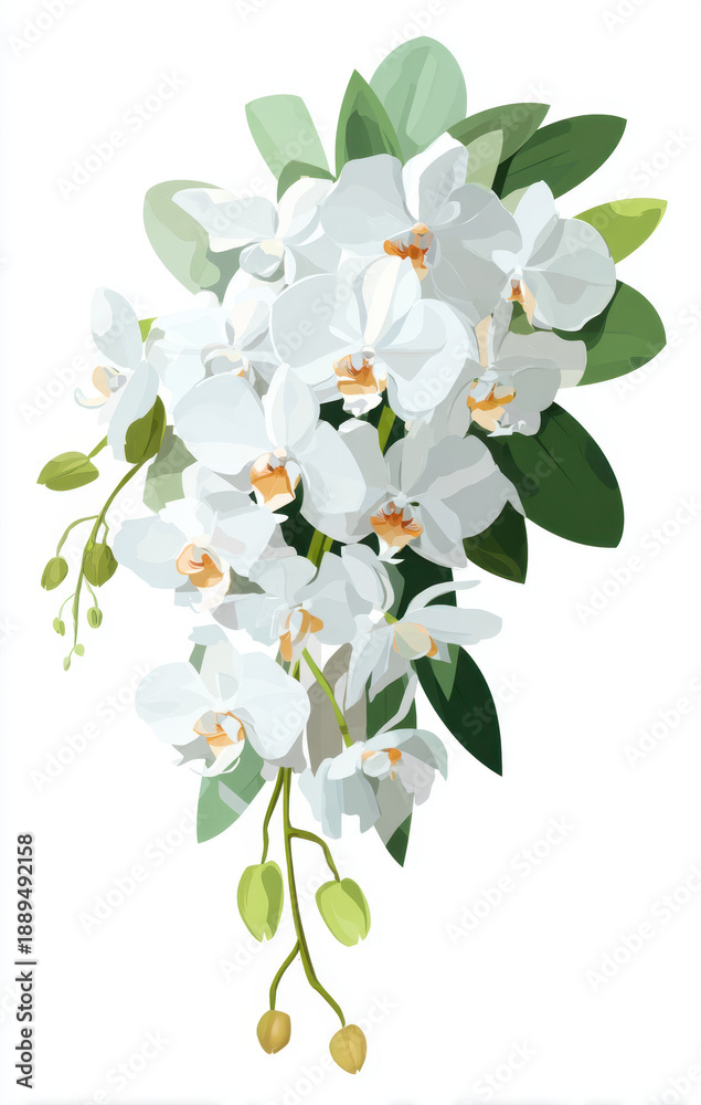 Obraz premium White orchid bouquet features elegant blooms and lush green leaves, perfect for weddings or special occasions, conveying beauty and sophistication