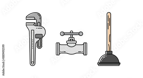 Plumbing Tools Icon Set: Pipe Wrench, Industrial Valve, and Rubber Plunger. Vector Illustration of Home Repair Equipment and Maintenance Service Kit.