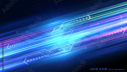 Abstract technology background with high-speed blue neon light lines and circuit patterns