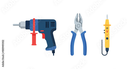 Essential Handyman Tools Set: Electric Drill, Pliers, and Voltage Tester Flat Vector Illustration