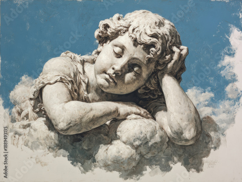 Resting cherub on clouds, Renaissance fresco style painting, pastel sky blue and ivory tones, soft brush strokes, elegant classical composition 