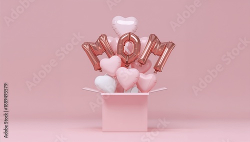 A pink gift box overflowing with mom balloons and heart shaped decorations