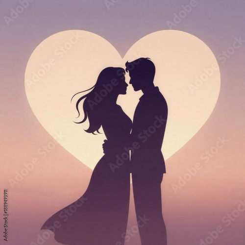 Romantic Silhouette of a Couple in Love Facing Each Other with a Large Heart and Sunset Background.