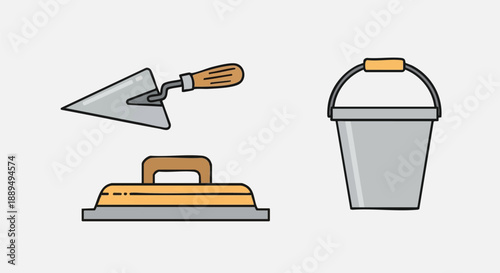 Trowel, Bucket, and Float Construction Tools Icon Set. Building, Masonry, and Home Renovation Equipment Vector Illustration.