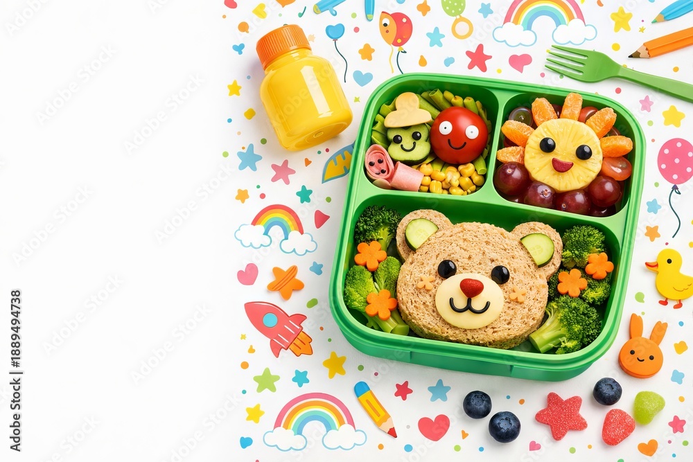 Fototapeta premium Fun childrens bento box with bear sandwich and fruit art. Creative healthy school lunch for kid. Meal preparation