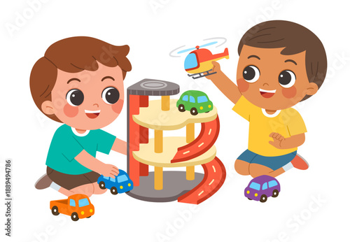 A cheerful boy in a blue shirt playing with a colorful toy garage, cars and  helicopter. Great for themes of childhood, creativity, and early learning.