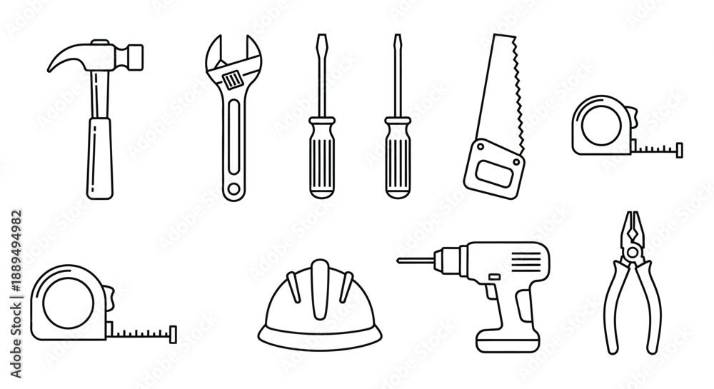 Obraz premium Construction Tools Line Icons Set. Vector Outline Collection of Essential Repair Instruments: Hammer, Wrench, Drill, Saw, Tape Measure, Safety Helmet, and Screwdrivers.