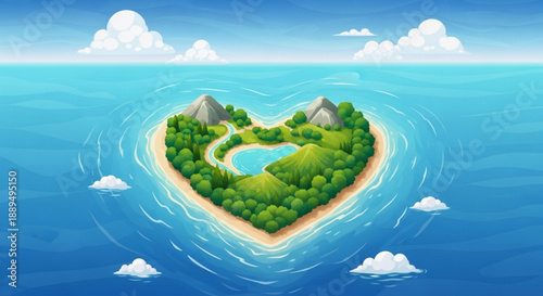 Heart shaped island paradise with lush green trees mountains and a serene lake surrounded by calm blue ocean waters and white clouds