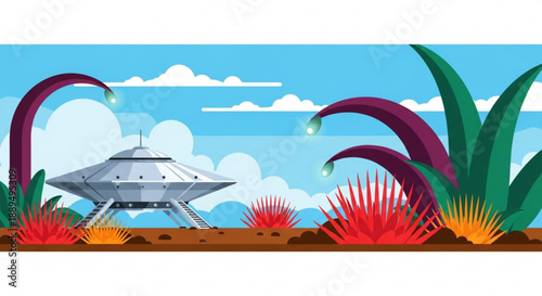 Silver ufo landed on alien planet with vibrant red and green plants in a futuristic landscape illustration