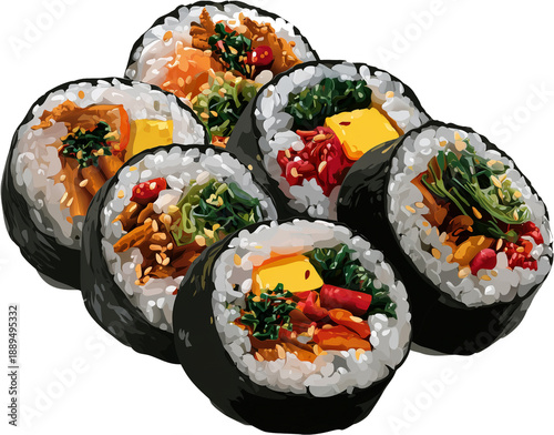 Korean rice rolls gimbap assortment with colorful ingredients illustration