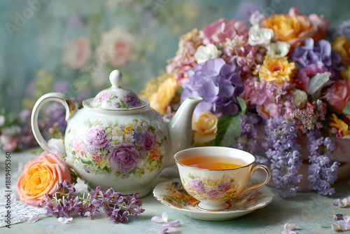 Wallpaper Mural a tea pot and cup with flowers in the background Torontodigital.ca