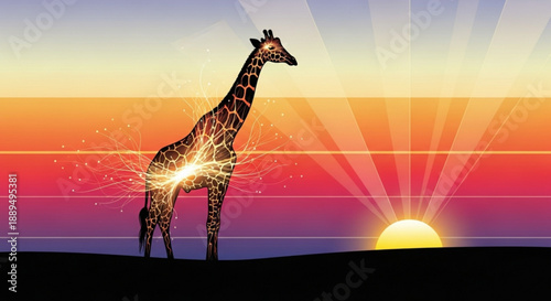 Giraffe silhouette standing against vibrant sunset background with radiant light beams and colorful sky gradient