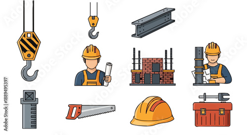 Construction Industry Icons Set: Engineering Tools, Building Materials (Crane Hook, Steel Beam, Hard Hat, Saw, Worker) - Flat Vector Illustration.