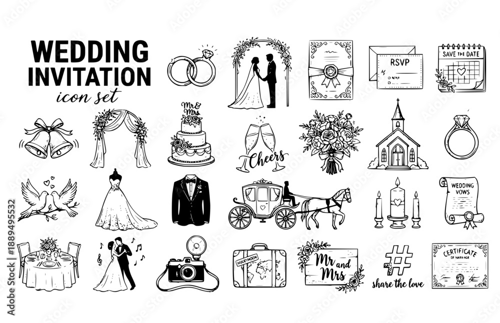 Obraz premium Wedding Invitation Card Elegant Bridal Ceremony Marriage RSVP Save Date Bride Groom Vector Icon Set - Rings Reception Line Art Bundle