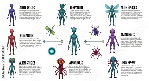 Diverse alien and humanoid forms infographic with various species and morphologies featuring different shapes and colors