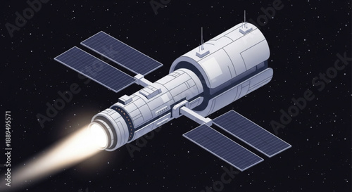Spacecraft flying through outer space with solar panels and propulsion system futuristic technology in action stars in the background