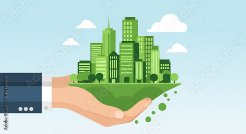 Hand holding green eco friendly cityscape with buildings and trees in sustainable urban development concept illustration