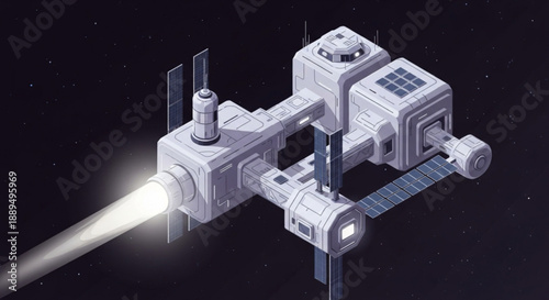 Futuristic spacecraft with sleek metallic design and propulsion system in deep space stars visible in background high tech engineering