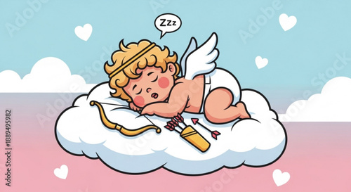 Adorable cartoon cupid sleeping peacefully on a cloud with bow and arrow surrounded by hearts in a serene atmosphere