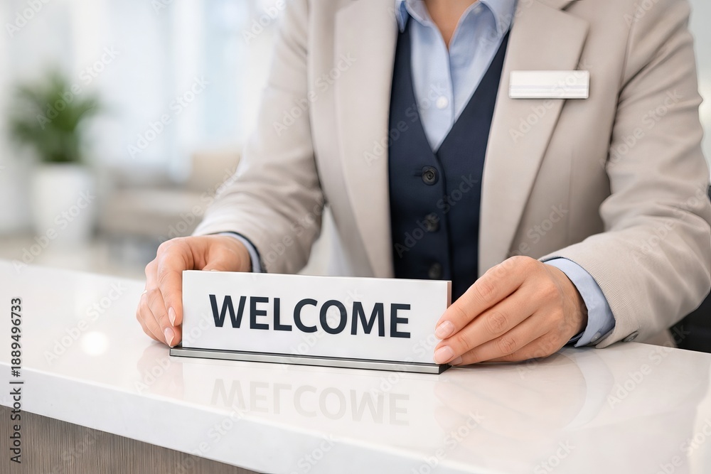 Obraz premium Woman reception holding welcome sign on desk. Hotel or business reception concept for guest greeting and hospitality