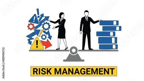 A businessman and woman in suits balancing risk management on a seesaw scale.