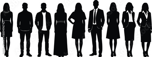 Collection of diverse people silhouettes standing and sitting in various poses including families business professionals and casual groups for community social gathering and lifestyle design