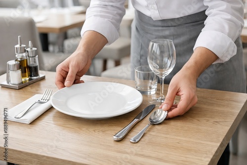 Man waiter serving table in restaurant. Professional service setting empty clean plate, cutlery, glass for customer. Fine dining and hospitality industry