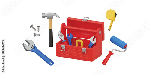 Red Toolbox Full Of Tools, Hammer, Wrenches, Screws, Paint Roller, Measuring Tape