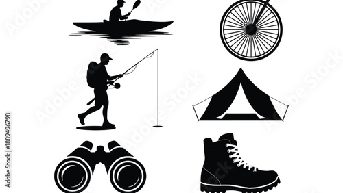 A collection of outdoor adventure icons including camping and hiking silhouettes