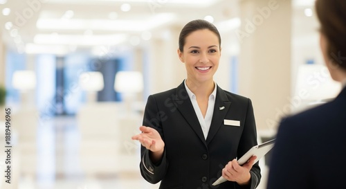 Smiling woman concierge at a hotel reception greeting guests, providing good service. Customer care, hospitality, and communication concept, copy space Free Download Smiling woman concierge at a hotel reception greeting guests, providing good service. Customer care, hospitality, and communication concept, copy space - GFXLoad