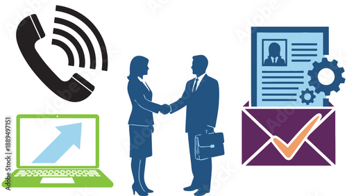 A businessman and woman shaking hands with business icons around them.