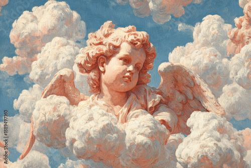 Seamless pattern of vintage cherub putti, classical European Renaissance art style, soft oil painting texture, pastel clouds, angelic children with wings, traditional fine art aesthetic