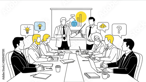 Business professionals collaborating in a meeting room, brainstorming ideas and discussing strategies with charts on a whiteboard.