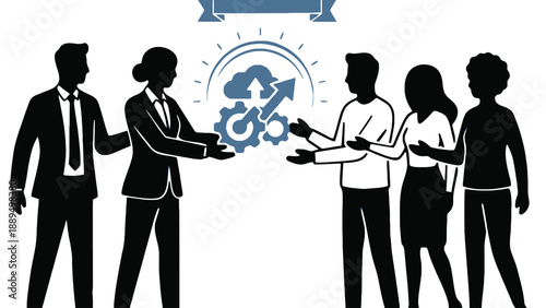 A group of business professionals collaborating and exchanging ideas in a modern setting