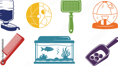 A colorful illustration of various pet care items and accessories for animals