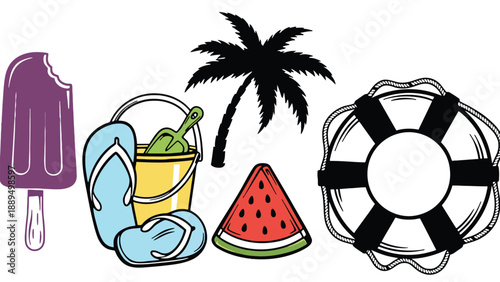 A colorful illustration of summer vacation items on a white background