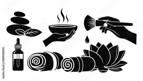 A serene spa illustration featuring various wellness and relaxation elements in black silhouette.