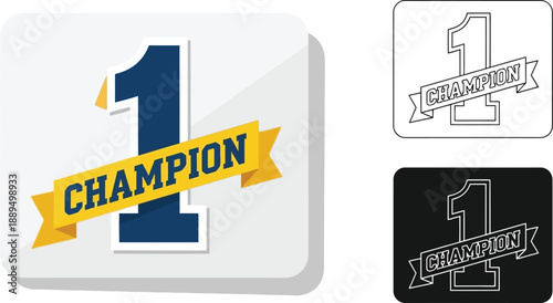 A champion badge with a number one and a yellow ribbon