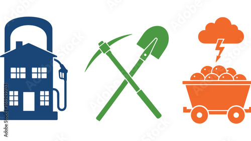 A graphic illustration of mining and real estate icons on a white background