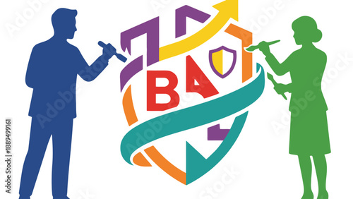 A colorful graphic illustration of two people holding paintbrushes and painting a logo